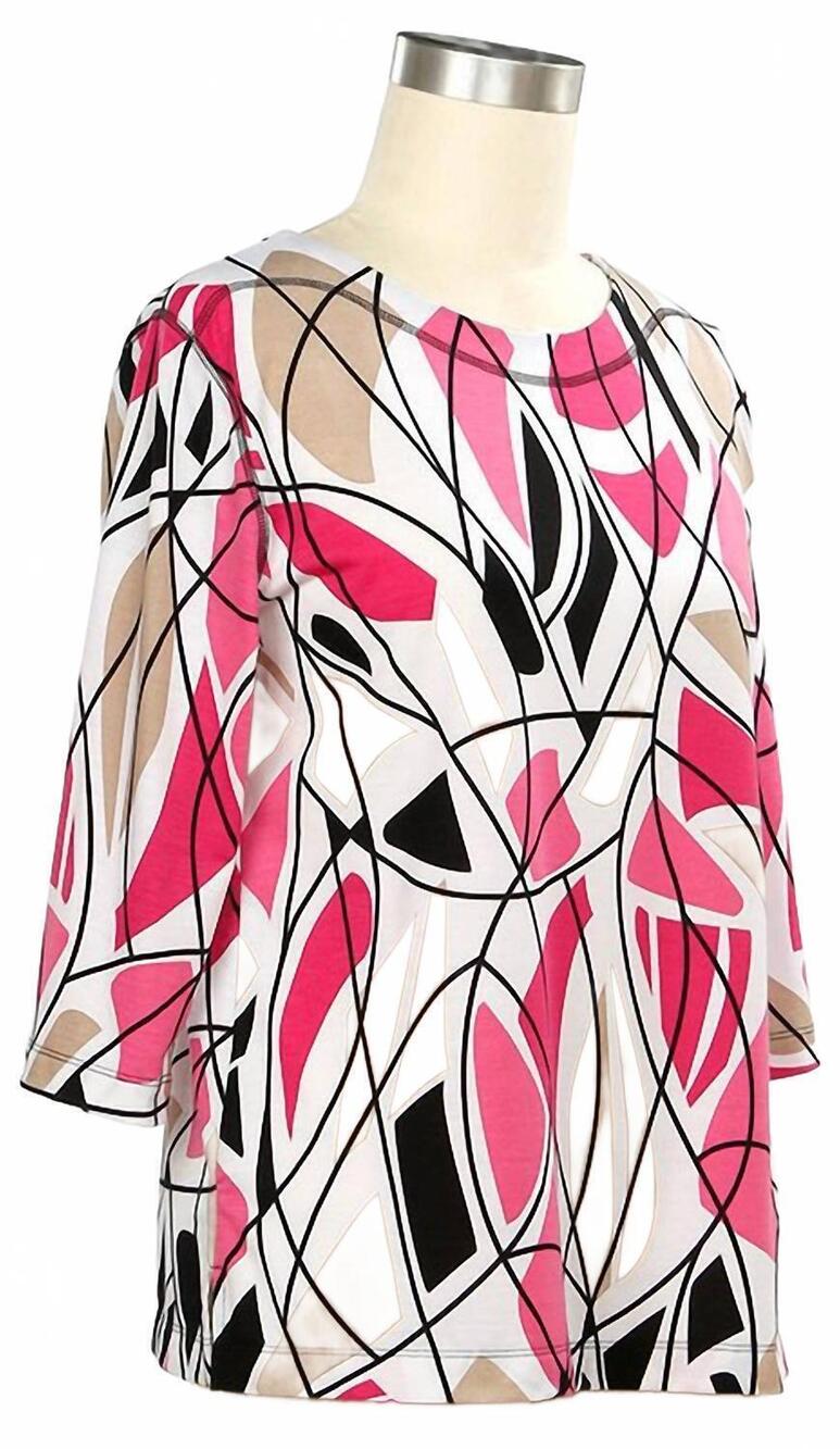 NEW LINKS women's double dare 3/4 geo print top in black pink tan